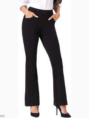 Stretchy Straight Leg Work Pants with Pockets, High Rise Office Slacks